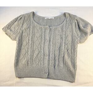 Celebrity Pink Women's Medium Gray Short Puff Sleeve Button Up Sweater Soft